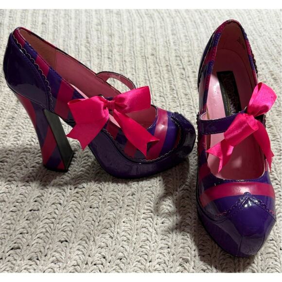 Funtasma Cheshire Cat Maryjane Striped Heels Pink Purple Chunky Size 8 Halloween - Picture 1 of 14